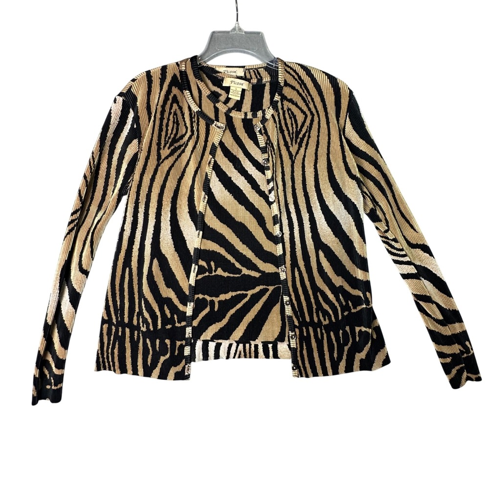 Plisse Zebra Print Pleated Twin Set Cardigan Tank Y2K Mob Wife Small Tan Black